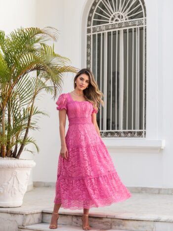 VESTIDO MIDI RENDA THEODORA PINK