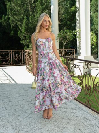 VESTIDO MIDI CREPE FLORAL LILÁS