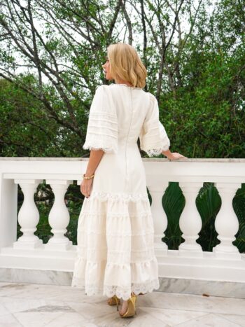 VESTIDO MIDI OFF WHITE/MARFIM EM LIOCEL E GUIPPIR