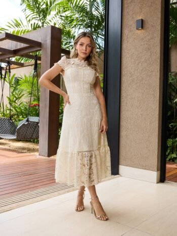 VESTIDO MIDI RENDA QUEEN OFF WHITE