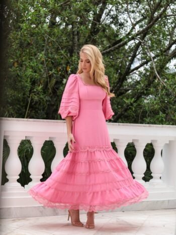 VESTIDO MIDI ROSA EM LIOCEL E GUIPPIR