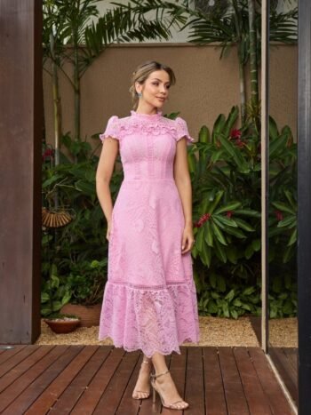 VESTIDO MIDI RENDA E GUIPPIR MARYLAND ROSÊ