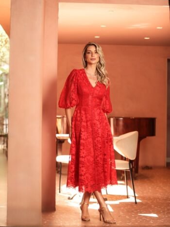 VESTIDO MIDI RENDA BRIDGET VERMELHO