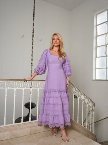 VESTIDO MIDI LAVANDA EM LIOCEL E GUIPPIR