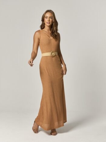 VESTIDO MIDI MARROM COM CINTO