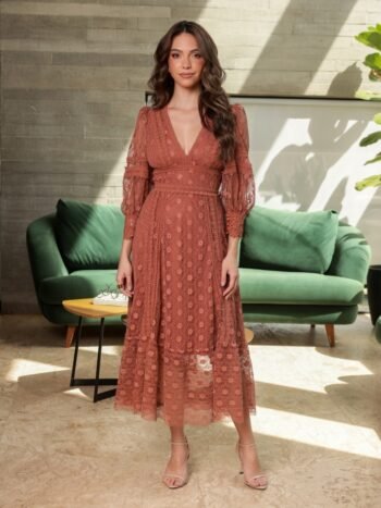 Vestido Midi Renda e Guippir Telha