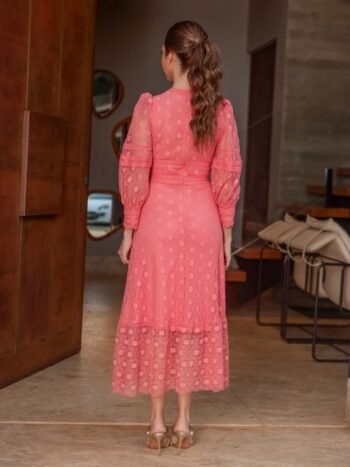 Vestido Midi Renda e Guippir Coral