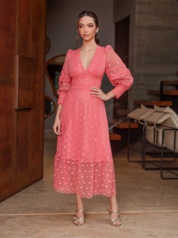Vestido Midi Renda e Guippir Coral