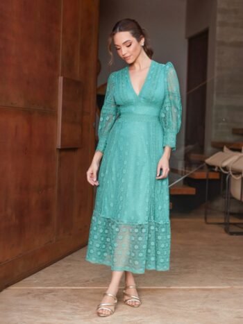 Vestido Midi Renda e Guippir Verde