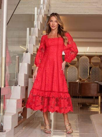 Vestido Midi Olga Laise e Guippir Vermelho